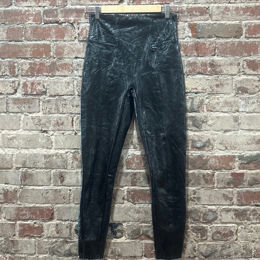 Spanx Black Faux Patent Leather Leggings Crinkle High Waisted Pants Medium